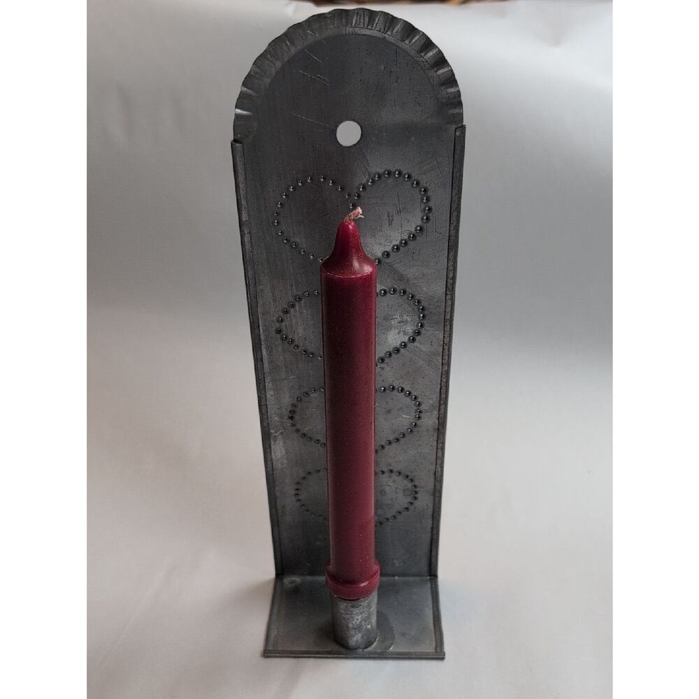 Vintage Handcrafted Gray Metal Punched Tin Hearts Wall Candle Sconce